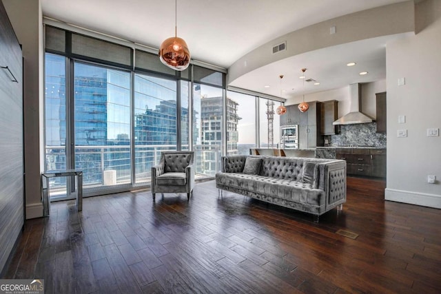 living room featuring expansive windows and dark hardwood / wood-style flooring