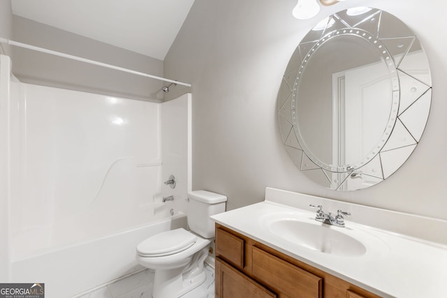 full bathroom with shower / tub combination, vanity, and toilet