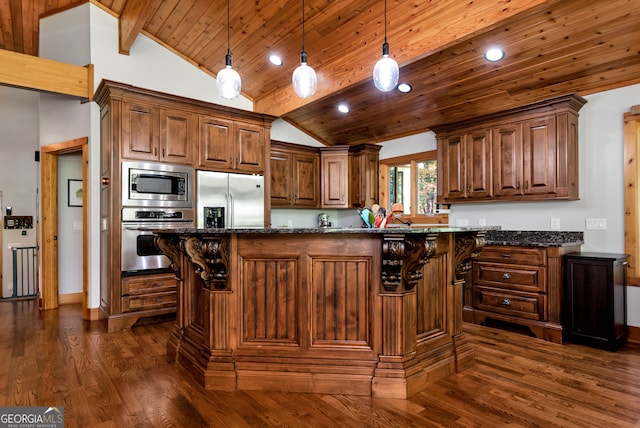 kitchen featuring vaulted ceiling with beams, appliances with stainless steel finishes, decorative light fixtures, dark hardwood / wood-style floors, and dark stone countertops