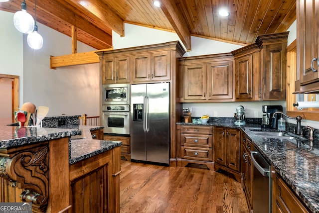 kitchen featuring lofted ceiling with beams, sink, wooden ceiling, and stainless steel appliances