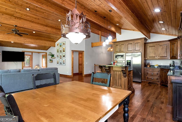 dining area featuring wood ceiling, ceiling fan with notable chandelier, vaulted ceiling with beams, and dark hardwood / wood-style floors