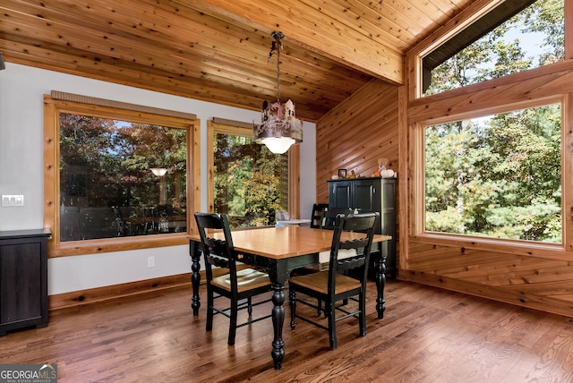 dining space with wooden walls, lofted ceiling, hardwood / wood-style floors, and wooden ceiling