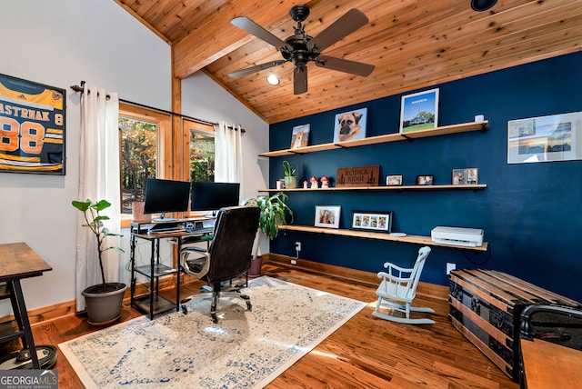 home office with lofted ceiling with beams, wood ceiling, hardwood / wood-style floors, and ceiling fan