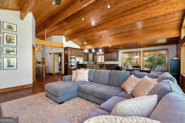 living room with dark hardwood / wood-style flooring, high vaulted ceiling, beamed ceiling, and wood ceiling