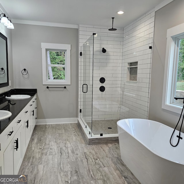 bathroom with vanity, crown molding, plus walk in shower, and wood-type flooring