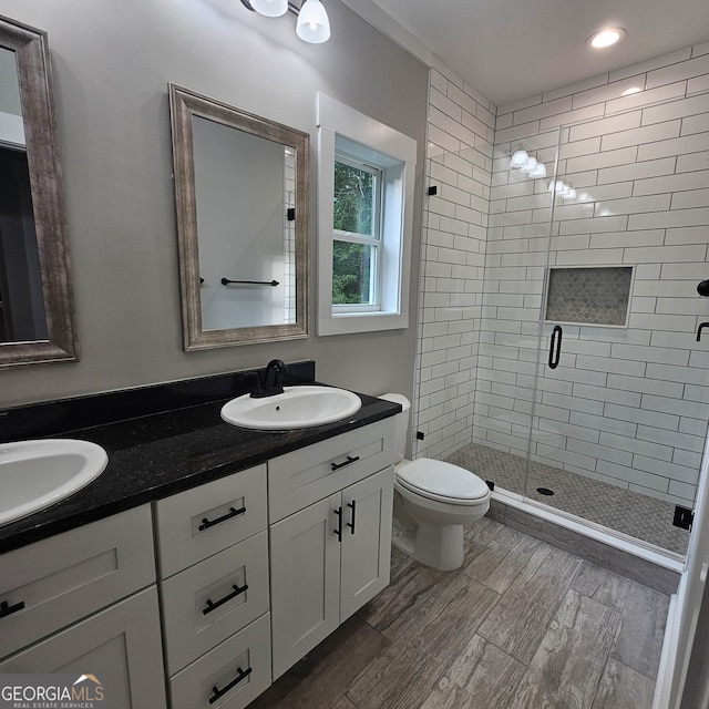 bathroom with vanity, a shower with shower door, and toilet