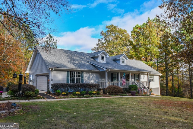 cape cod home with a front lawn, a garage, and a porch