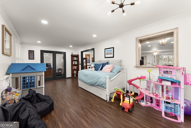 bedroom featuring ornamental molding, french doors, dark wood-type flooring, and an inviting chandelier