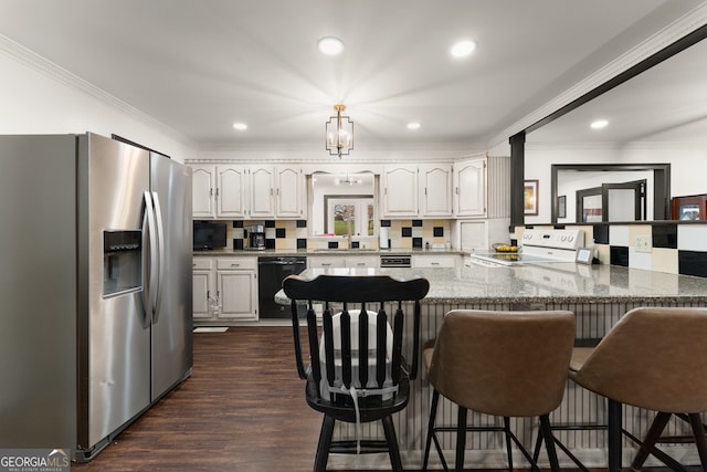 kitchen featuring dishwasher, kitchen peninsula, electric range, white cabinetry, and stainless steel fridge