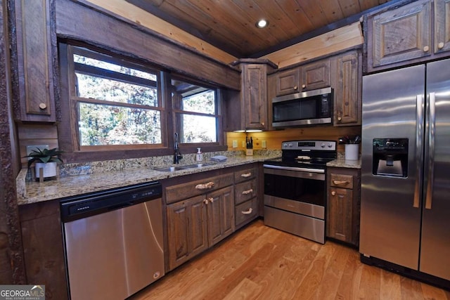 kitchen featuring wooden ceiling, sink, light hardwood / wood-style flooring, appliances with stainless steel finishes, and dark brown cabinetry