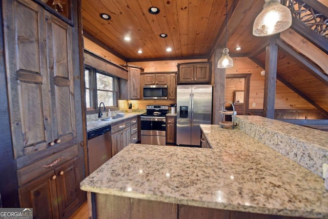 kitchen featuring sink, wooden ceiling, decorative light fixtures, wooden walls, and appliances with stainless steel finishes