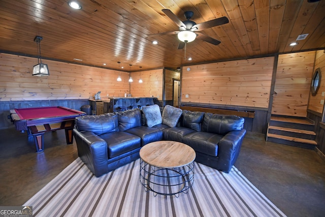 playroom featuring billiards, wooden walls, indoor bar, ceiling fan, and wood ceiling