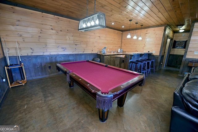 game room featuring wood walls, wood ceiling, and billiards