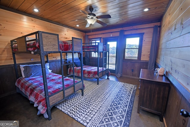 bedroom featuring wooden ceiling, ceiling fan, and wooden walls