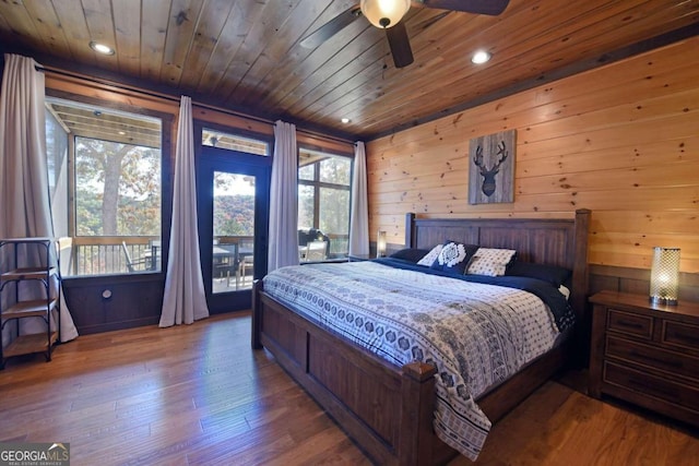 bedroom featuring hardwood / wood-style flooring, ceiling fan, wooden ceiling, and wooden walls