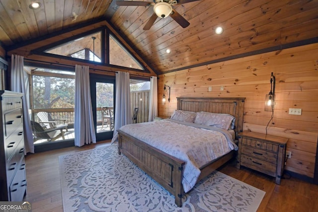 bedroom with access to exterior, wood ceiling, vaulted ceiling, wooden walls, and hardwood / wood-style floors