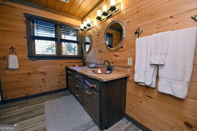 bathroom featuring wood walls, wood-type flooring, and wood ceiling