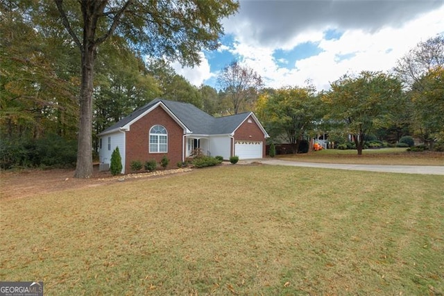 ranch-style house featuring a front lawn and a garage