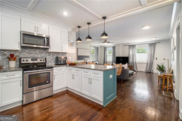 kitchen featuring dark wood-type flooring, white cabinetry, kitchen peninsula, and stainless steel appliances