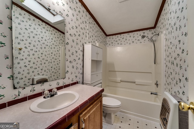 full bathroom with toilet, heating unit, a skylight, shower / tub combination, and ornamental molding