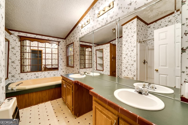 bathroom with independent shower and bath, lofted ceiling, vanity, crown molding, and a textured ceiling