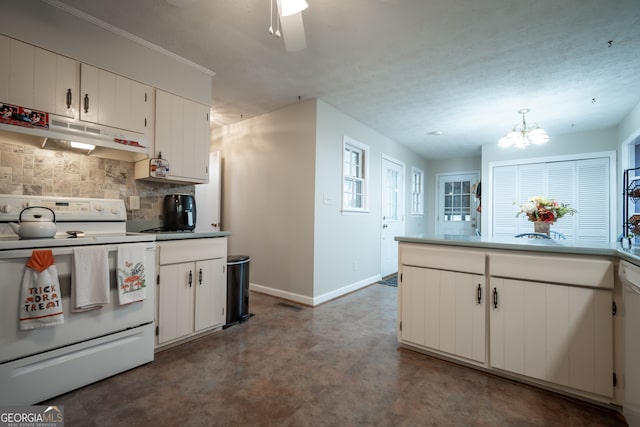 kitchen featuring backsplash, decorative light fixtures, white electric range oven, white cabinets, and ceiling fan with notable chandelier