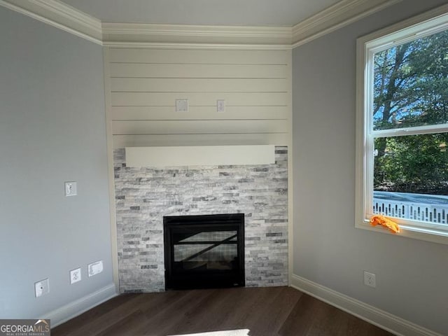 interior details with a stone fireplace, hardwood / wood-style floors, and crown molding