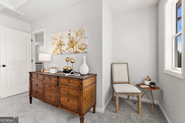 sitting room with light colored carpet