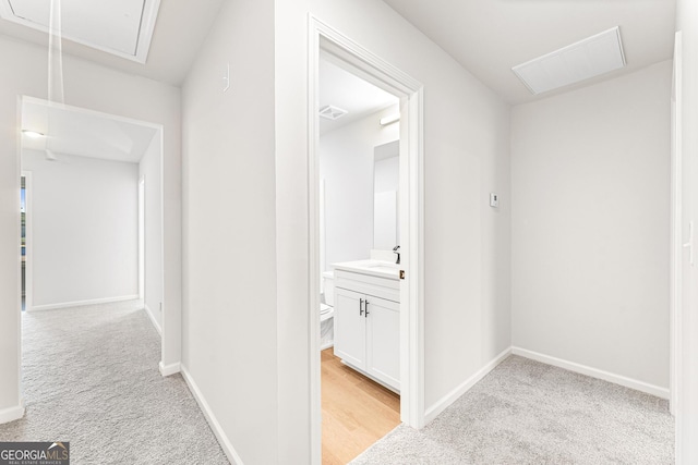 hall featuring light carpet and sink