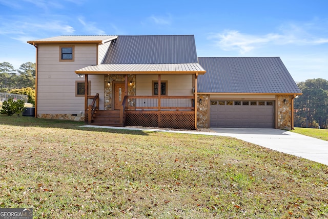 view of front facade featuring a front lawn, a porch, and a garage