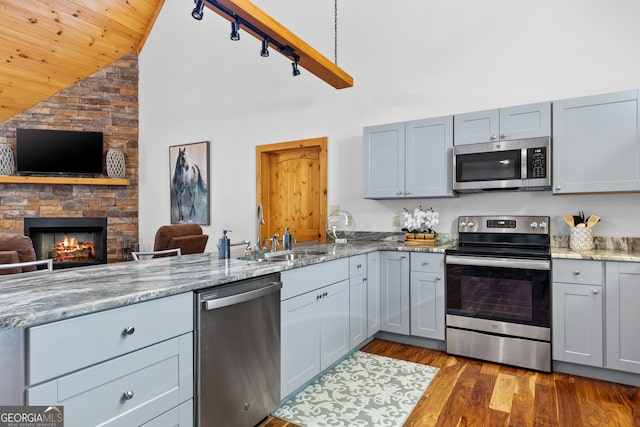 kitchen with stainless steel appliances, a stone fireplace, light stone counters, light hardwood / wood-style flooring, and high vaulted ceiling