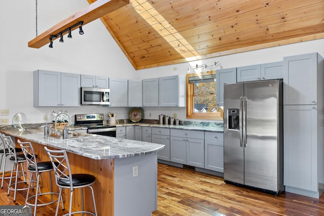 kitchen with stainless steel appliances, light stone counters, light hardwood / wood-style flooring, high vaulted ceiling, and kitchen peninsula