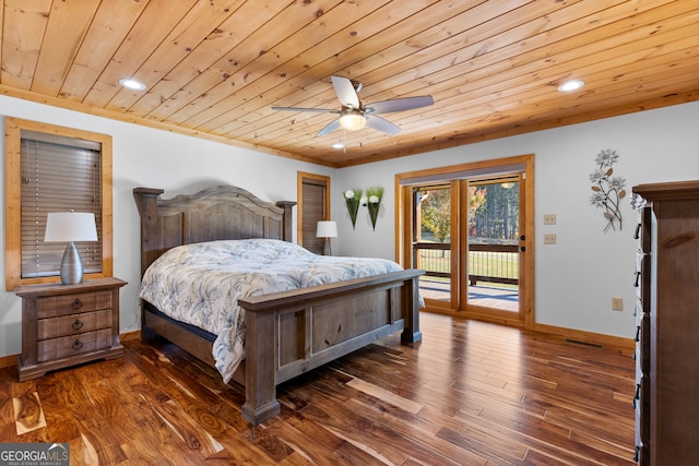 bedroom with access to outside, dark hardwood / wood-style flooring, and wood ceiling