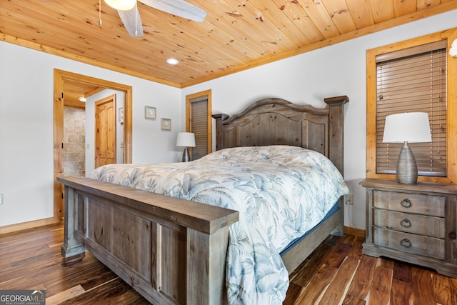 bedroom with ceiling fan, dark hardwood / wood-style flooring, and wood ceiling