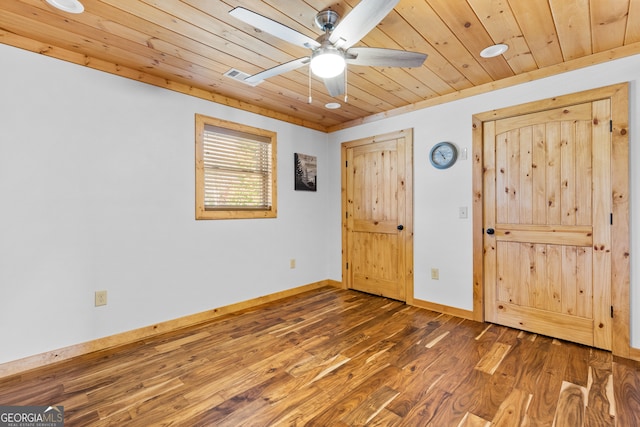 unfurnished bedroom with dark hardwood / wood-style flooring, ceiling fan, and wood ceiling