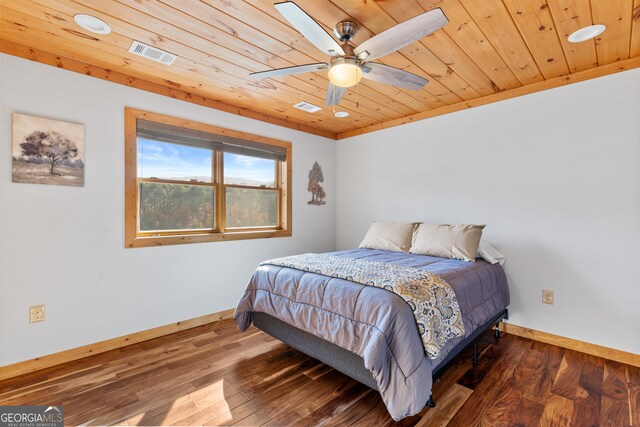 bedroom featuring ceiling fan, dark wood-type flooring, and wooden ceiling