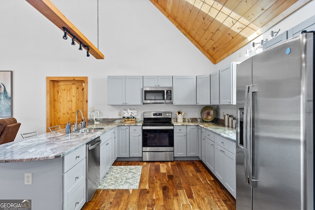 kitchen with light stone countertops, dark hardwood / wood-style flooring, high vaulted ceiling, wood ceiling, and appliances with stainless steel finishes