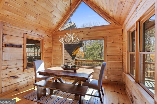 dining room with light wood-type flooring, wood walls, and plenty of natural light