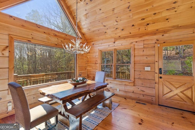 dining area with a chandelier, hardwood / wood-style flooring, a healthy amount of sunlight, and wood walls