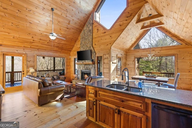 kitchen featuring sink, high vaulted ceiling, and a healthy amount of sunlight