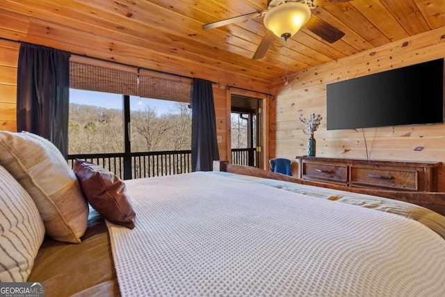 bedroom with ceiling fan, wooden ceiling, and wooden walls