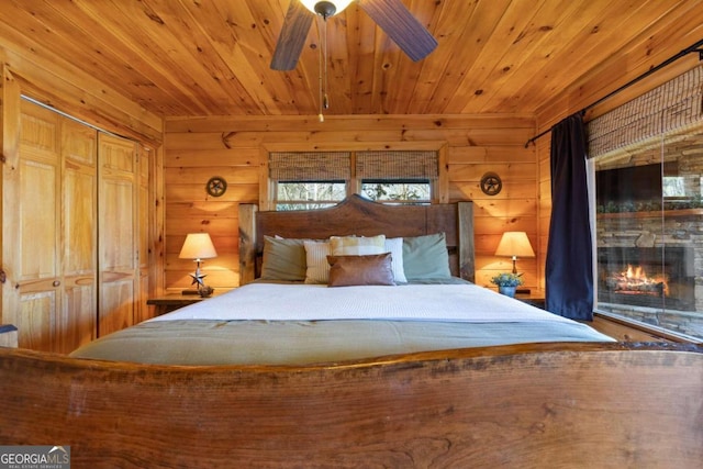 unfurnished bedroom featuring wooden ceiling, wooden walls, and a fireplace