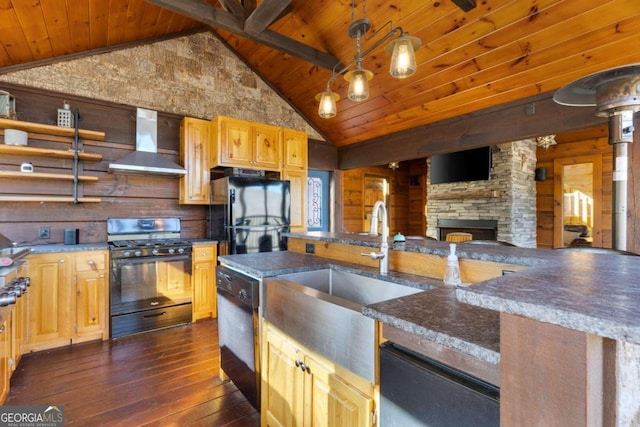 kitchen featuring black appliances, wood ceiling, dark hardwood / wood-style flooring, wall chimney exhaust hood, and lofted ceiling