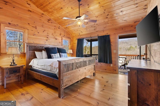 bedroom featuring light hardwood / wood-style floors, multiple windows, wood walls, and wooden ceiling