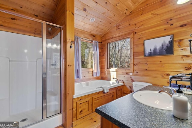 full bathroom featuring vanity, wood ceiling, lofted ceiling, and separate shower and tub