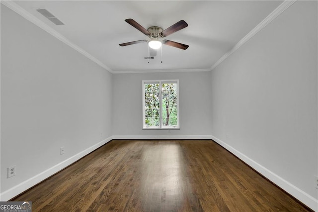 unfurnished room with ceiling fan, dark hardwood / wood-style flooring, and crown molding