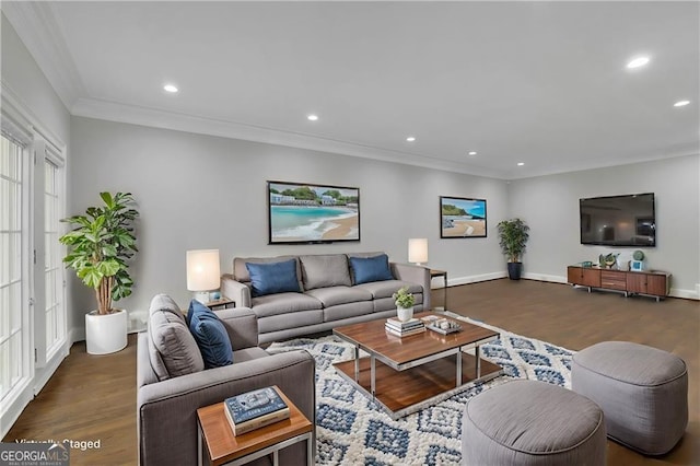 living room featuring dark wood-type flooring and ornamental molding