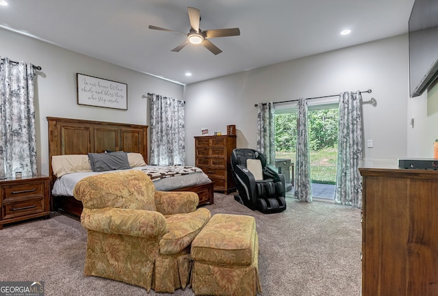 carpeted bedroom featuring ceiling fan and access to exterior