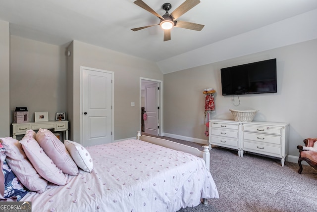 bedroom featuring carpet floors, ceiling fan, and vaulted ceiling