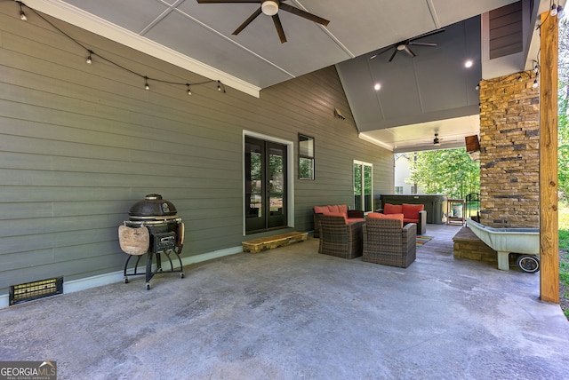 view of patio featuring outdoor lounge area, french doors, and ceiling fan